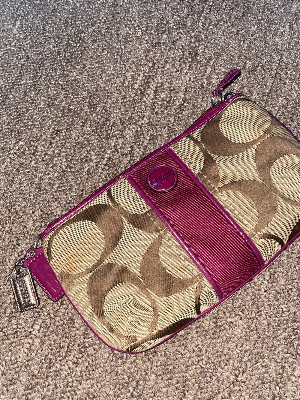 Coach Tan Signature Canvas Wristlet with Magenta Trim